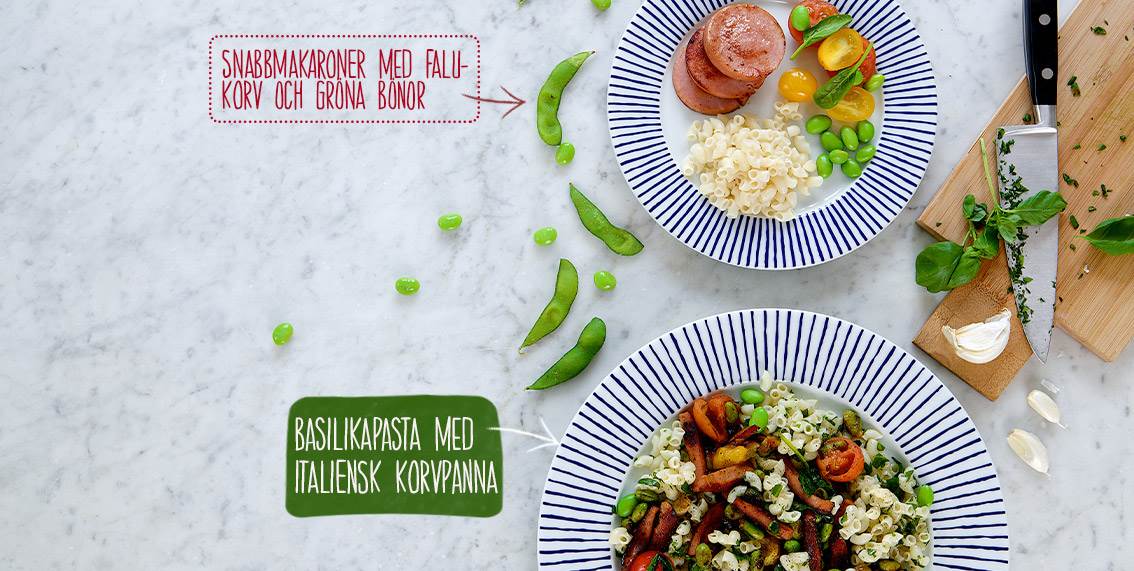 Snabbmakaroner med falukorv och gröna bönor eller basilikapasta med italiensk korvpanna