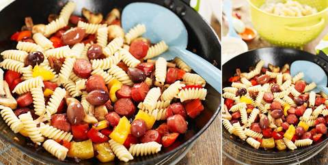 Pasta med korv, olivwok och kall senapssås