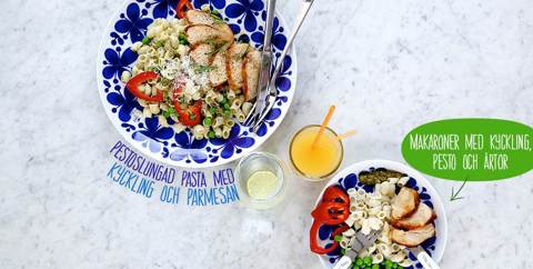 Makaroner med kyckling, pesto och ärtor. Eller pestoslungad pasta med kyckling och parmesan.