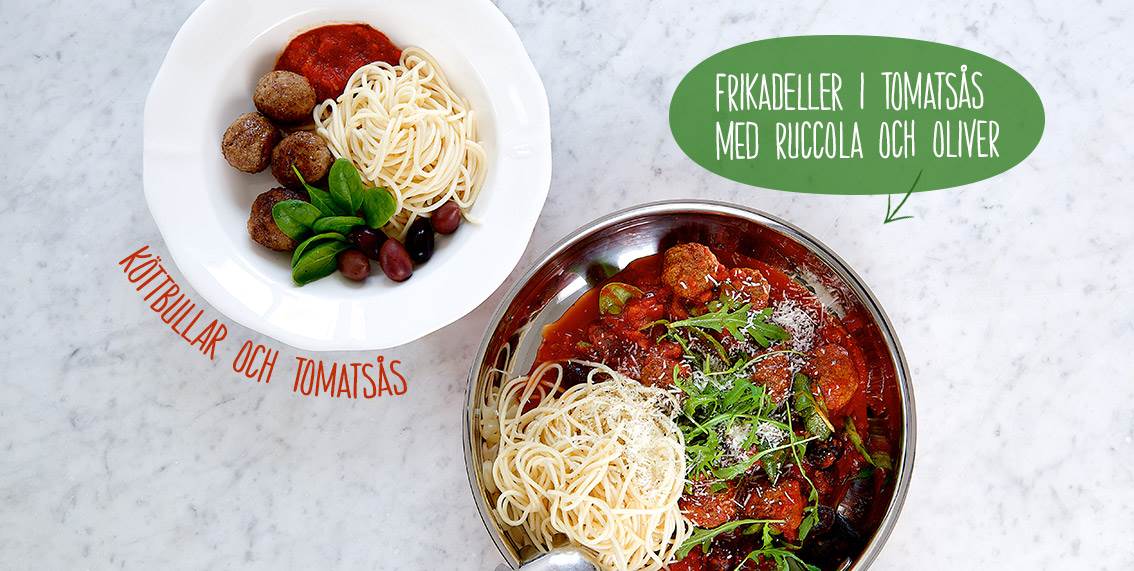 Spaghetti med köttbullar och tomatsås. Eller pasta och frikadeller i tomatsås med ruccola och oliver