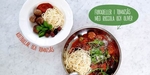 Spaghetti med köttbullar och tomatsås. Eller pasta och frikadeller i tomatsås med ruccola och oliver