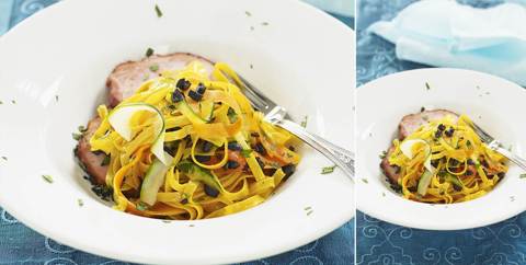 Saffransgul pasta med bräckt kassler, oliver och persilja